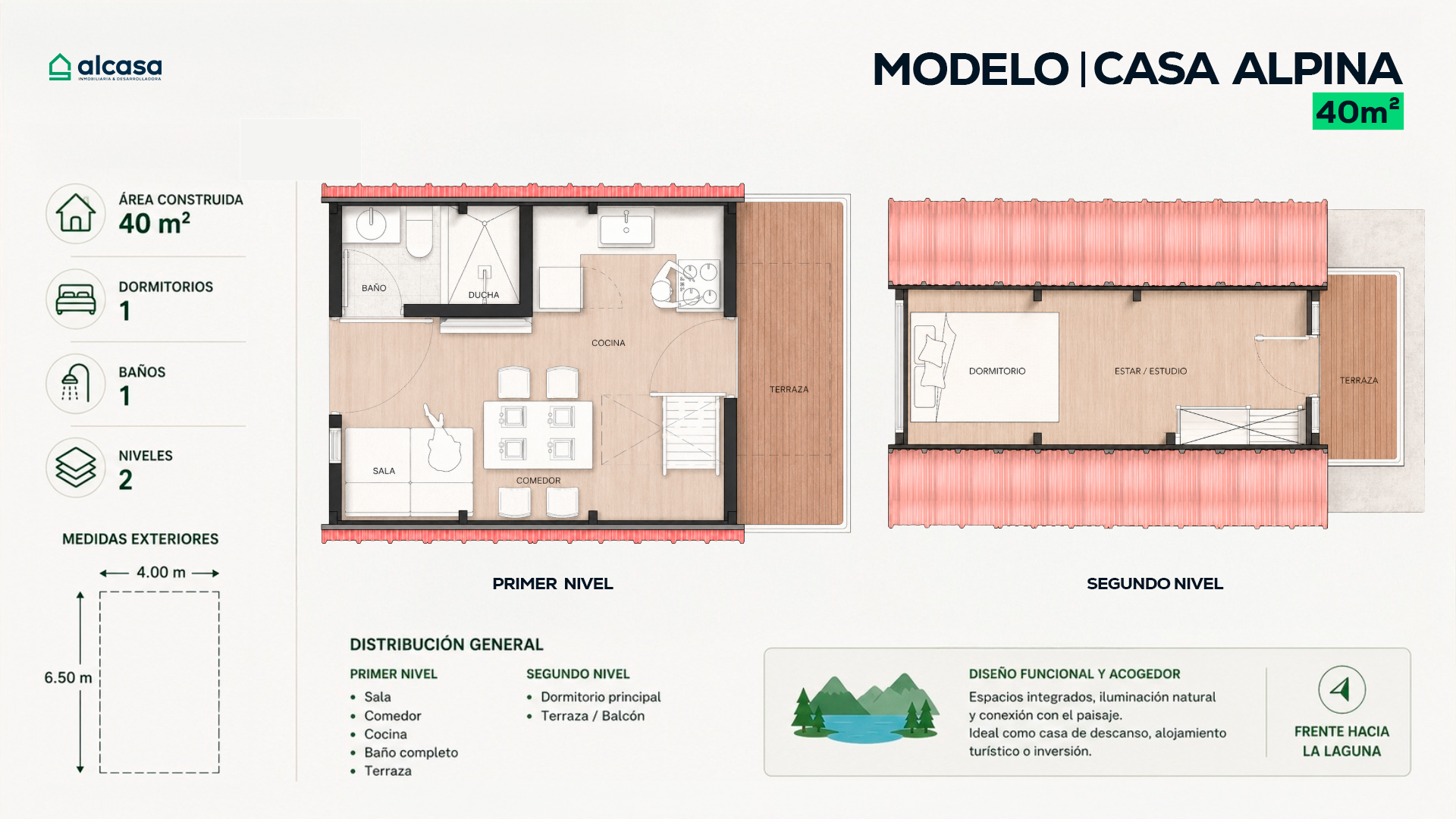 Plano comercial referencial de la cabaña alpina de 40 metros cuadrados