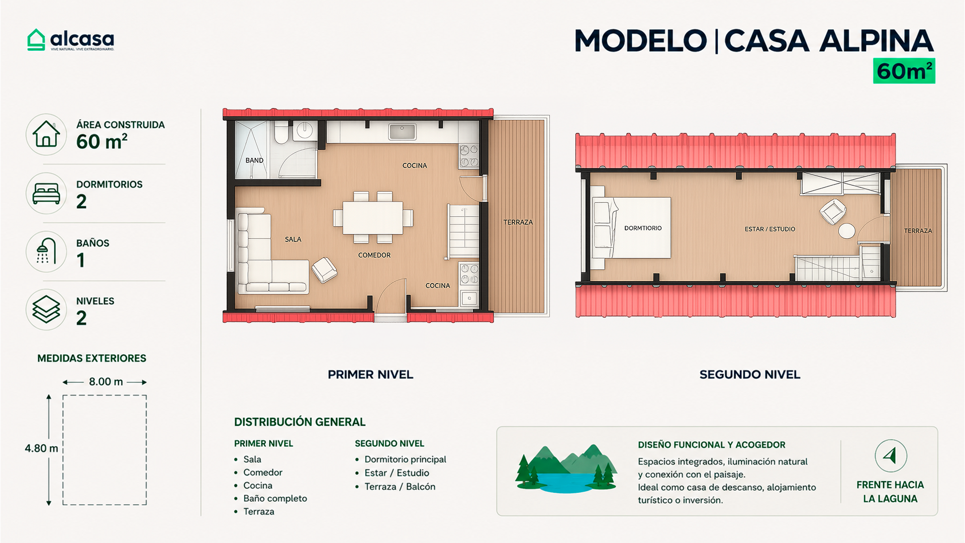 Plano comercial referencial de la cabaña alpina de 60 metros cuadrados